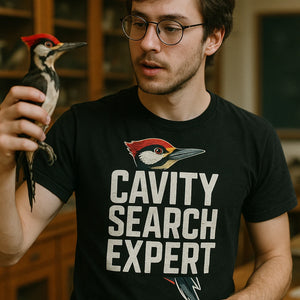 "Cavity Search Expert" black woodpecker shirts - a birthday gift for woodpecker lover