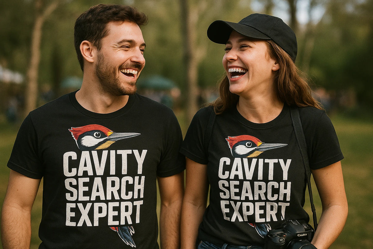 Person wearing the black woodpecker shirts graphic tee - "Cavity Search Expert" design