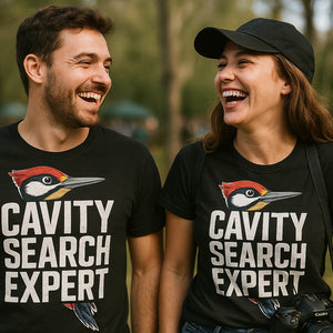 Person wearing the black woodpecker shirts graphic tee - "Cavity Search Expert" design