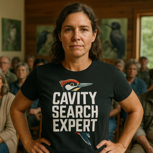 Lifestyle shot of the "Cavity Search Expert" black woodpecker shirts in a real-world setting