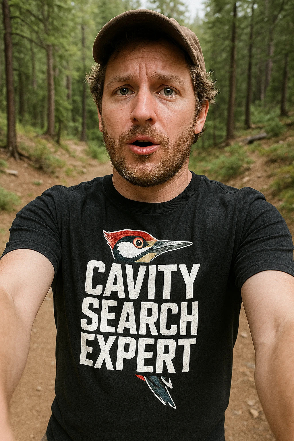 "Cavity Search Expert" black woodpecker shirts, photographed as woodpecker lover gift