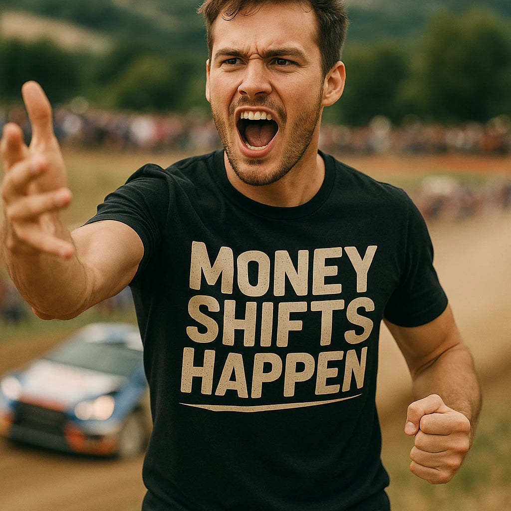 "Money Shifts Happen" black car graphic tees, photographed as best gift for car lovers