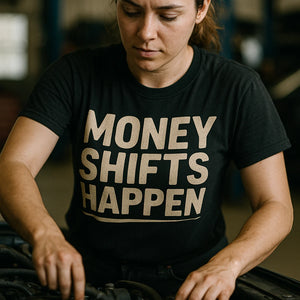 "Money Shifts Happen" black car graphic tees - also one of the cool gifts for car guys