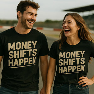 Person wearing the black car graphic tees graphic tee - "Money Shifts Happen" design