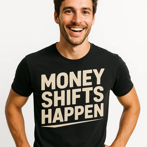 Close-up of the "Money Shifts Happen" beige print on a premium Bella+Canvas black car graphic tees