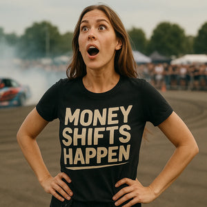 Lifestyle shot of the "Money Shifts Happen" black car graphic tees in a real-world setting