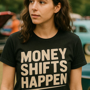 "Money Shifts Happen" black car graphic tees - also one of the gifts for car guys who have everything