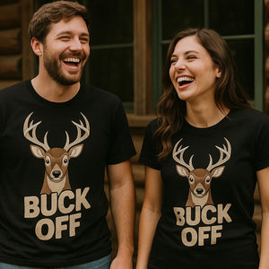 Person wearing the black deer t shirt graphic tee - "Buck Off" design