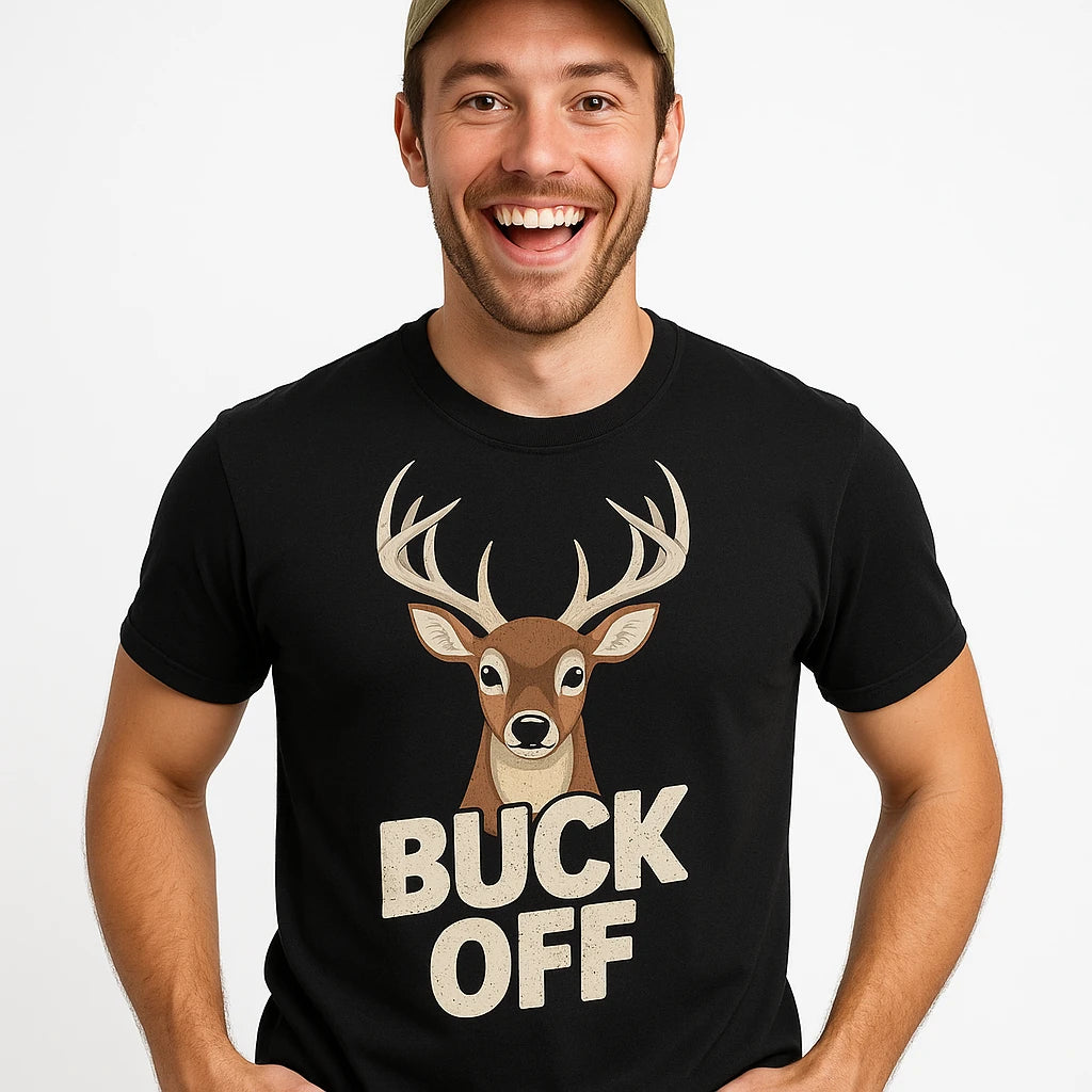 Close-up of the "Buck Off" beige print on a premium Bella+Canvas black deer t shirt