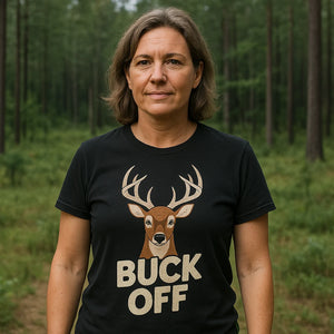 Lifestyle shot of the "Buck Off" black deer t shirt in a real-world setting