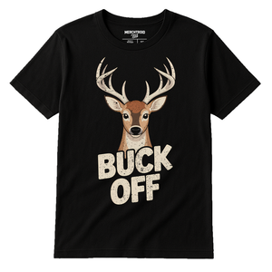 Black Deer T Shirt - "Buck Off" graphic tee with beige print, flat lay product photo
