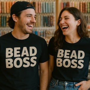 Person wearing the black jewelry making t shirt graphic tee - "Bead Boss" design
