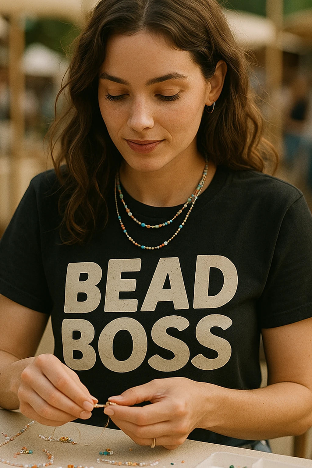 "Bead Boss" black jewelry making t shirt, photographed as jewelry making lover gift