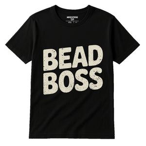 Black Jewelry Making T Shirt - "Bead Boss" graphic tee with beige print, flat lay product photo