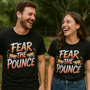 Person wearing the black cougar t shirt graphic tee - "Fear the Pounce" design