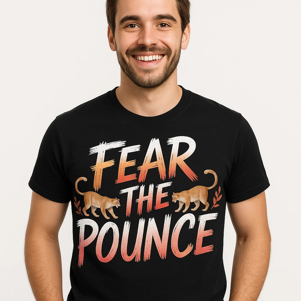 Close-up of the "Fear the Pounce" tan print on a premium Bella+Canvas black cougar t shirt