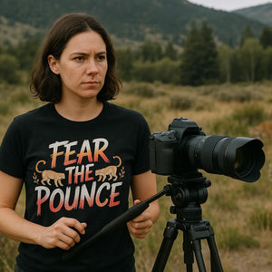 Lifestyle shot of the "Fear the Pounce" black cougar t shirt in a real-world setting