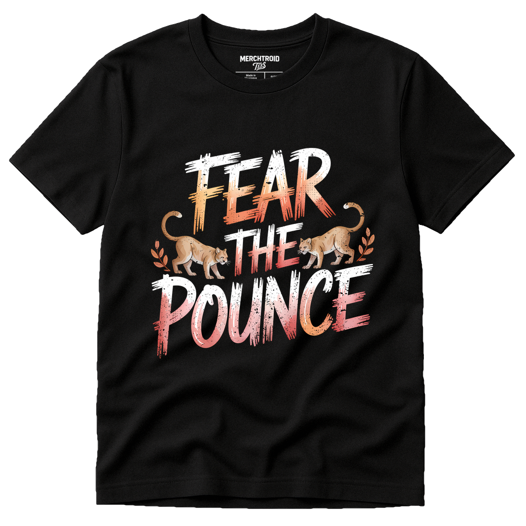 Black Cougar T Shirt - "Fear the Pounce" graphic tee with tan print, flat lay product photo