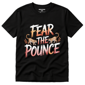 Black Cougar T Shirt - "Fear the Pounce" graphic tee with tan print, flat lay product photo
