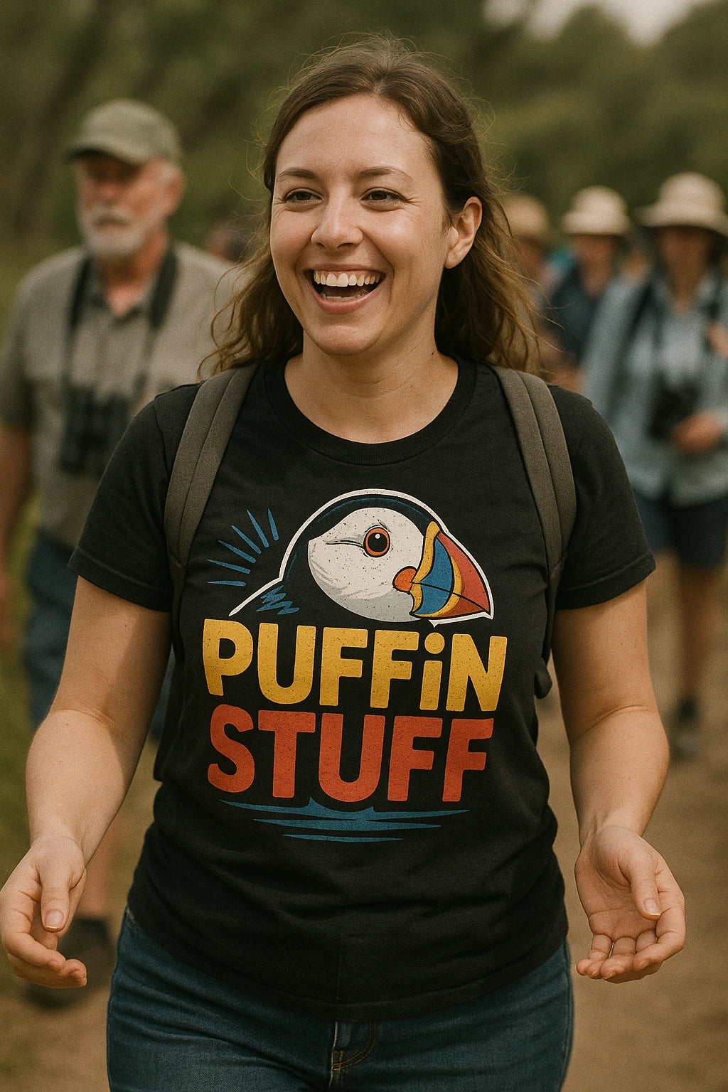 "Puffin Stuff" black bird watching t shirt - also one of the best gifts for bird watchers