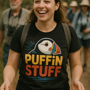"Puffin Stuff" black bird watching t shirt - also one of the best gifts for bird watchers