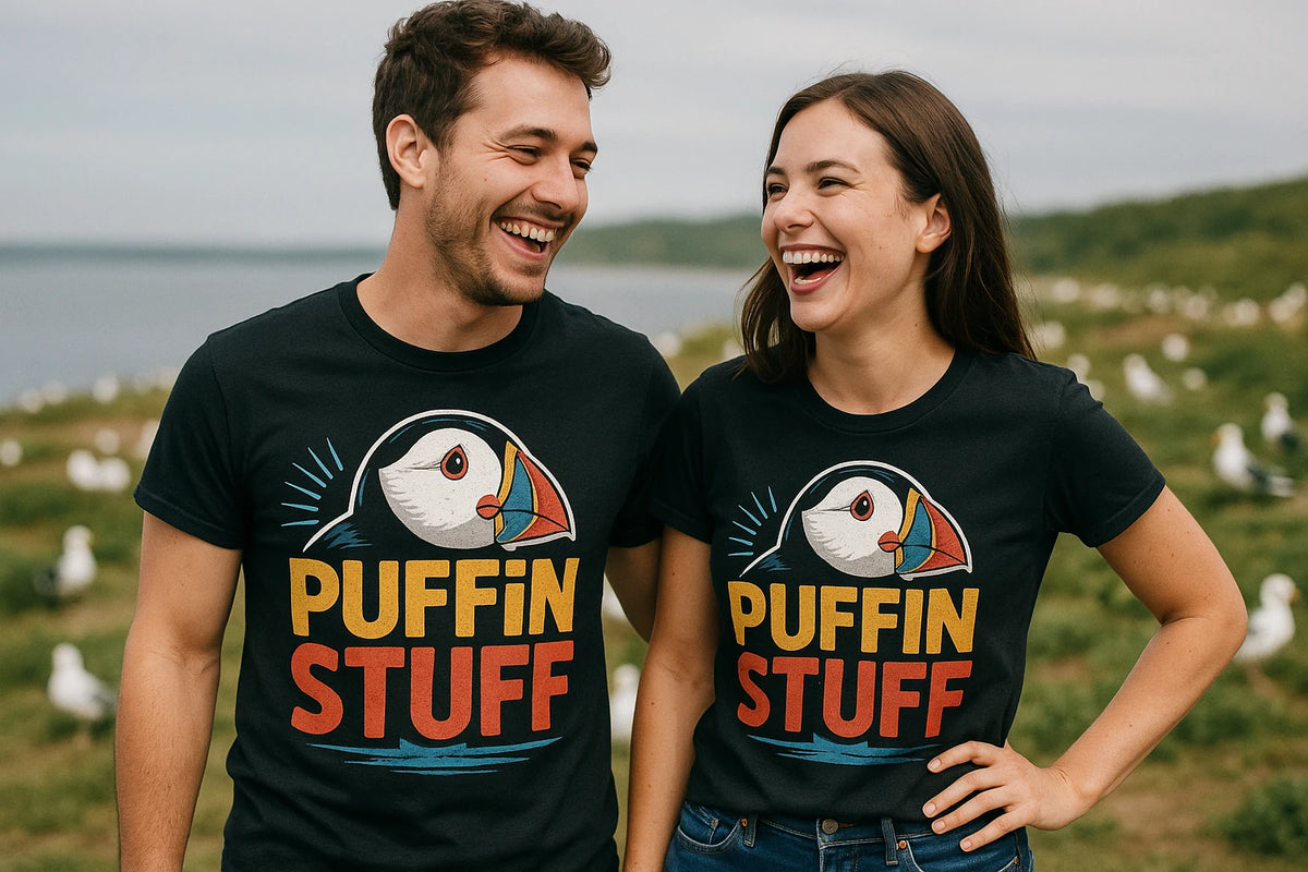 Person wearing the black bird watching t shirt graphic tee - "Puffin Stuff" design