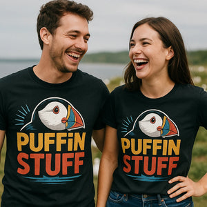 Person wearing the black bird watching t shirt graphic tee - "Puffin Stuff" design