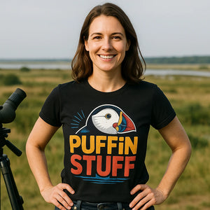 Lifestyle shot of the "Puffin Stuff" black bird watching t shirt in a real-world setting