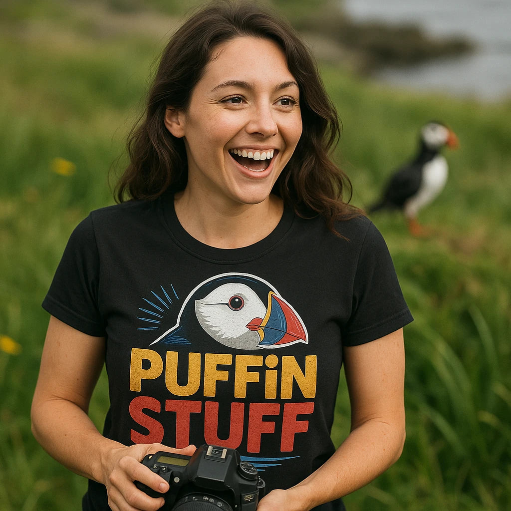 "Puffin Stuff" black bird watching t shirt, photographed as bird watching gift