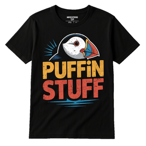 Black Bird Watching T Shirt - "Puffin Stuff" graphic tee with gold print, flat lay product photo