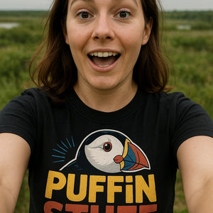 "Puffin Stuff" black bird watching t shirt - also a gift ideas for a bird watcher