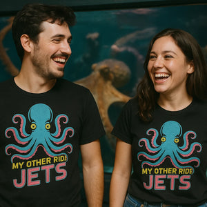Person wearing the black octopuses t shirt graphic tee - "My Other Ride Jets" design