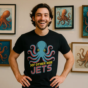 Lifestyle shot of the "My Other Ride Jets" black octopuses t shirt in a real-world setting