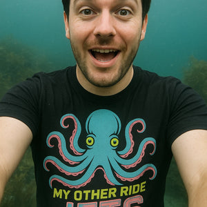 "My Other Ride Jets" black octopuses t shirt, photographed as octopuses lover gift