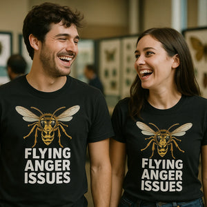 Person wearing the black wasps shirts graphic tee - "Flying Anger Issues" design