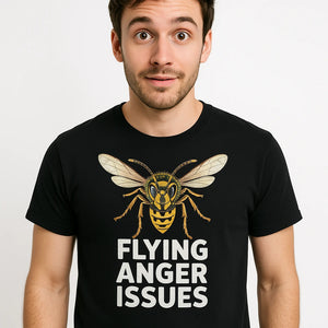 Close-up of the "Flying Anger Issues" white print on a premium Bella+Canvas black wasps shirts