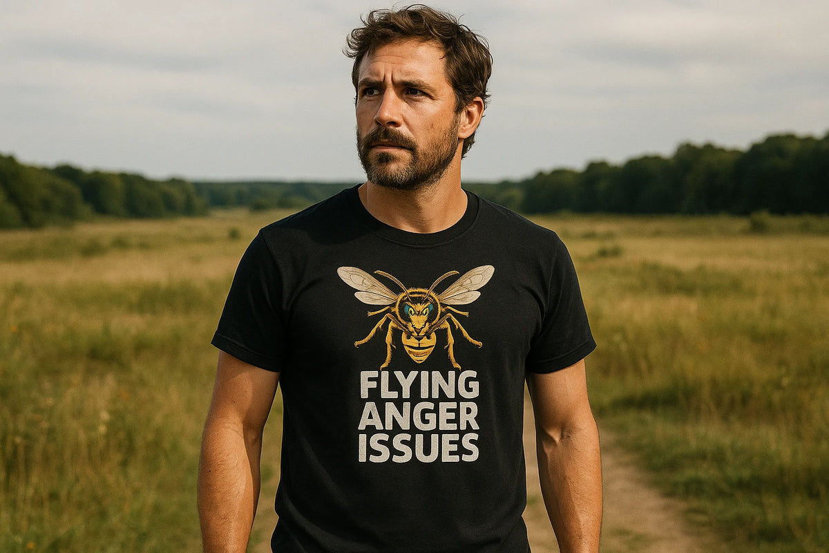 Lifestyle shot of the "Flying Anger Issues" black wasps shirts in a real-world setting