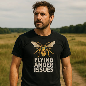 Lifestyle shot of the "Flying Anger Issues" black wasps shirts in a real-world setting