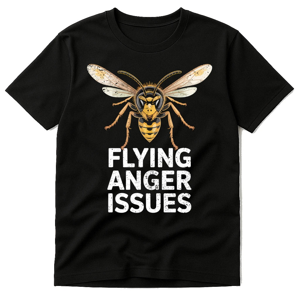 Black Wasps Shirts - "Flying Anger Issues" graphic tee with white print, flat lay product photo