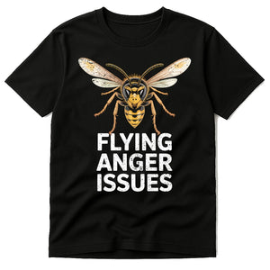 Black Wasps Shirts - "Flying Anger Issues" graphic tee with white print, flat lay product photo