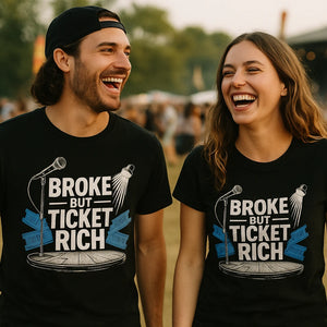 Person wearing the black vintage concert t shirts graphic tee - "Broke But Ticket Rich" design