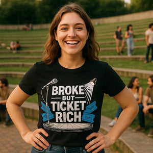 Lifestyle shot of the "Broke But Ticket Rich" black vintage concert t shirts in a real-world setting