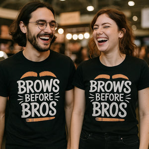 Person wearing the black makeup artist t shirt graphic tee - "Brows Before Bros" design