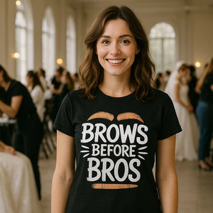 Lifestyle shot of the "Brows Before Bros" black makeup artist t shirt in a real-world setting