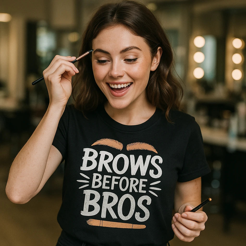 "Brows Before Bros" black makeup artist t shirt, photographed as gifts for the makeup artist