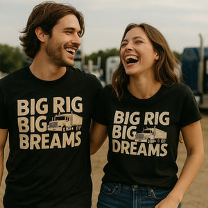 Person wearing the black trucks shirts graphic tee - "Big Rig Big Dreams" design