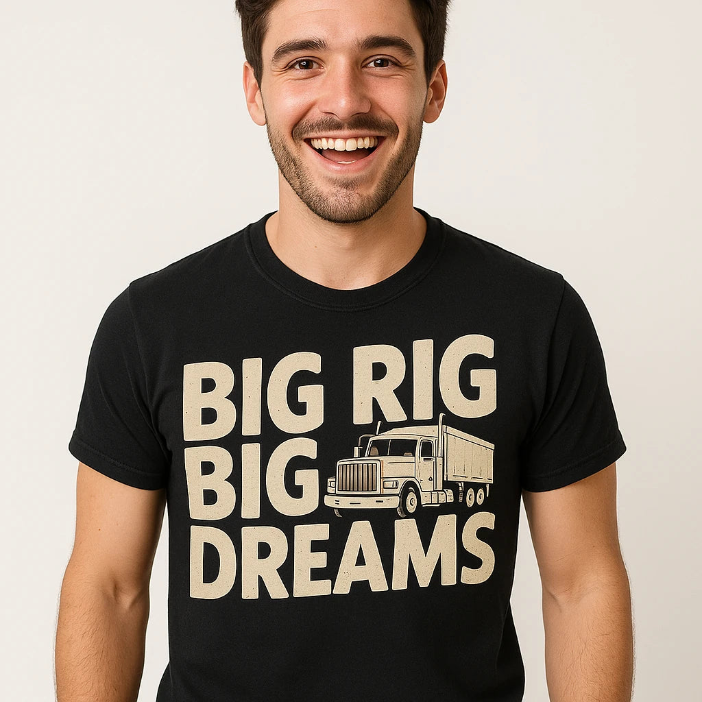 Close-up of the "Big Rig Big Dreams" beige print on a premium Bella+Canvas black trucks shirts