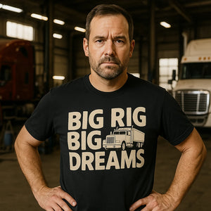 Lifestyle shot of the "Big Rig Big Dreams" black trucks shirts in a real-world setting