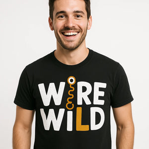Close-up of the "Wire Wild" white print on a premium Bella+Canvas black jewelry making t shirt