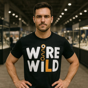 Lifestyle shot of the "Wire Wild" black jewelry making t shirt in a real-world setting